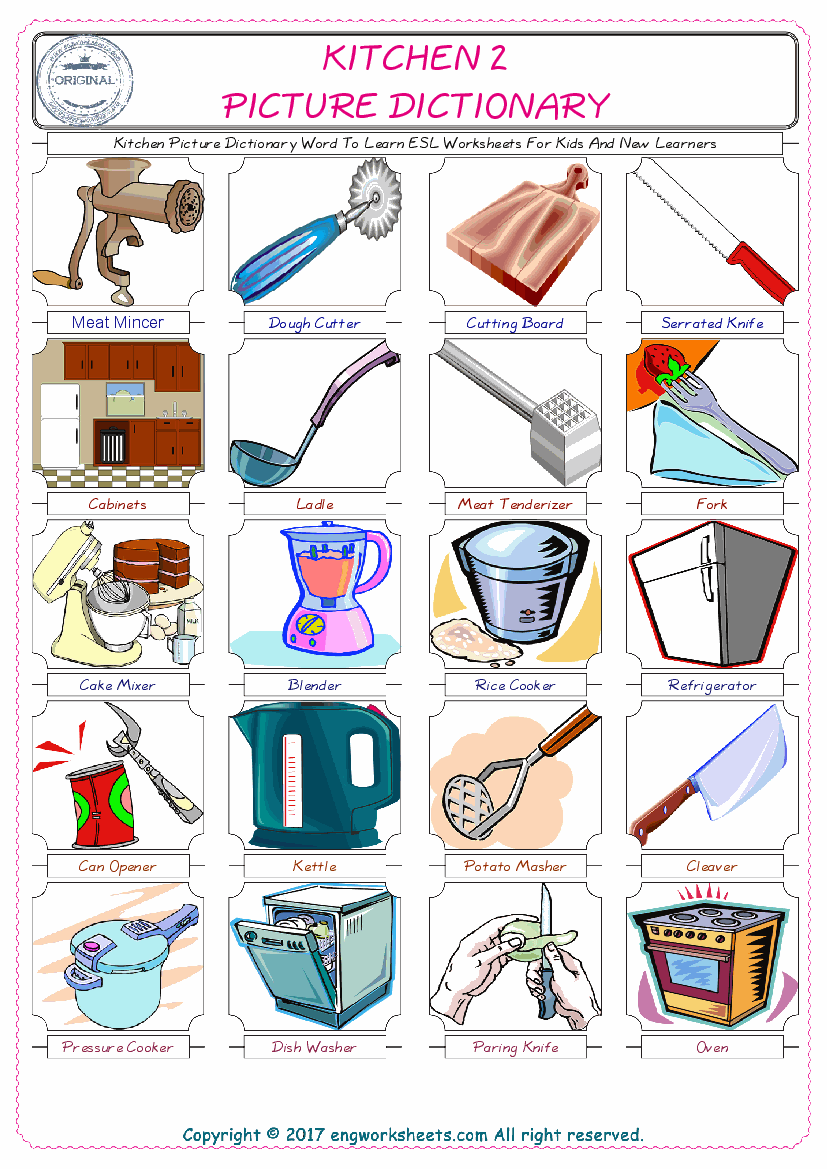  Kitchen English Worksheet for Kids ESL Printable Picture Dictionary 